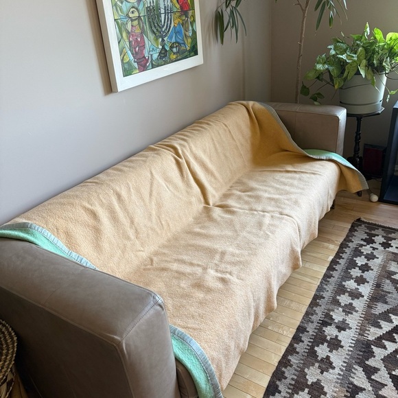 Vintage Horn Bros Woollens Lindsay 100% Wool Green Yellow Blanket 66 x 80" - Picture 2 of 9